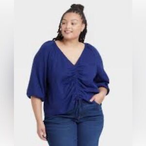 Women's Plus Size 3/4 Sleeve Ruched Front Top - Ava & Viv Navy Blue 3X